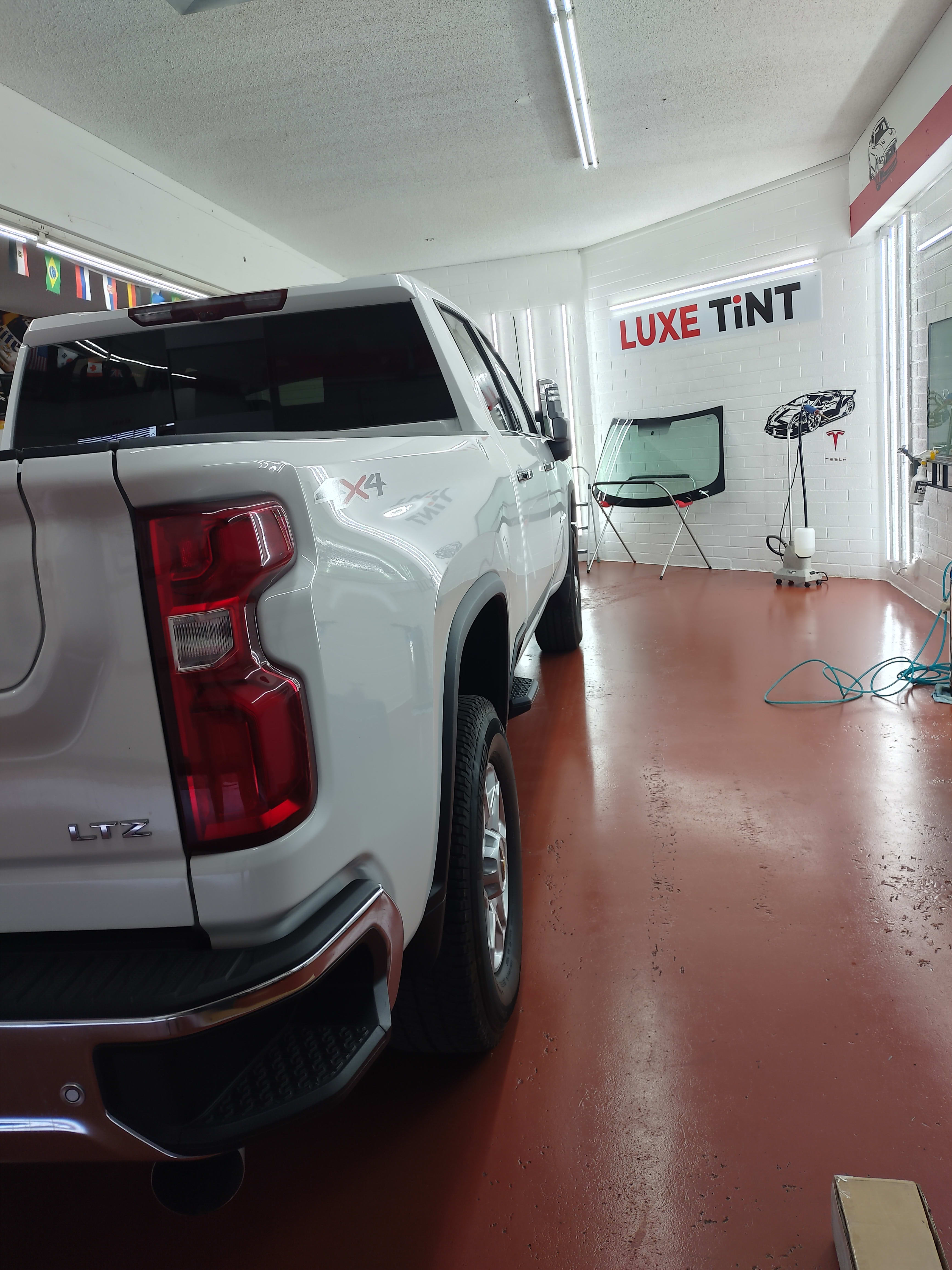White Chevy Silverado, rear