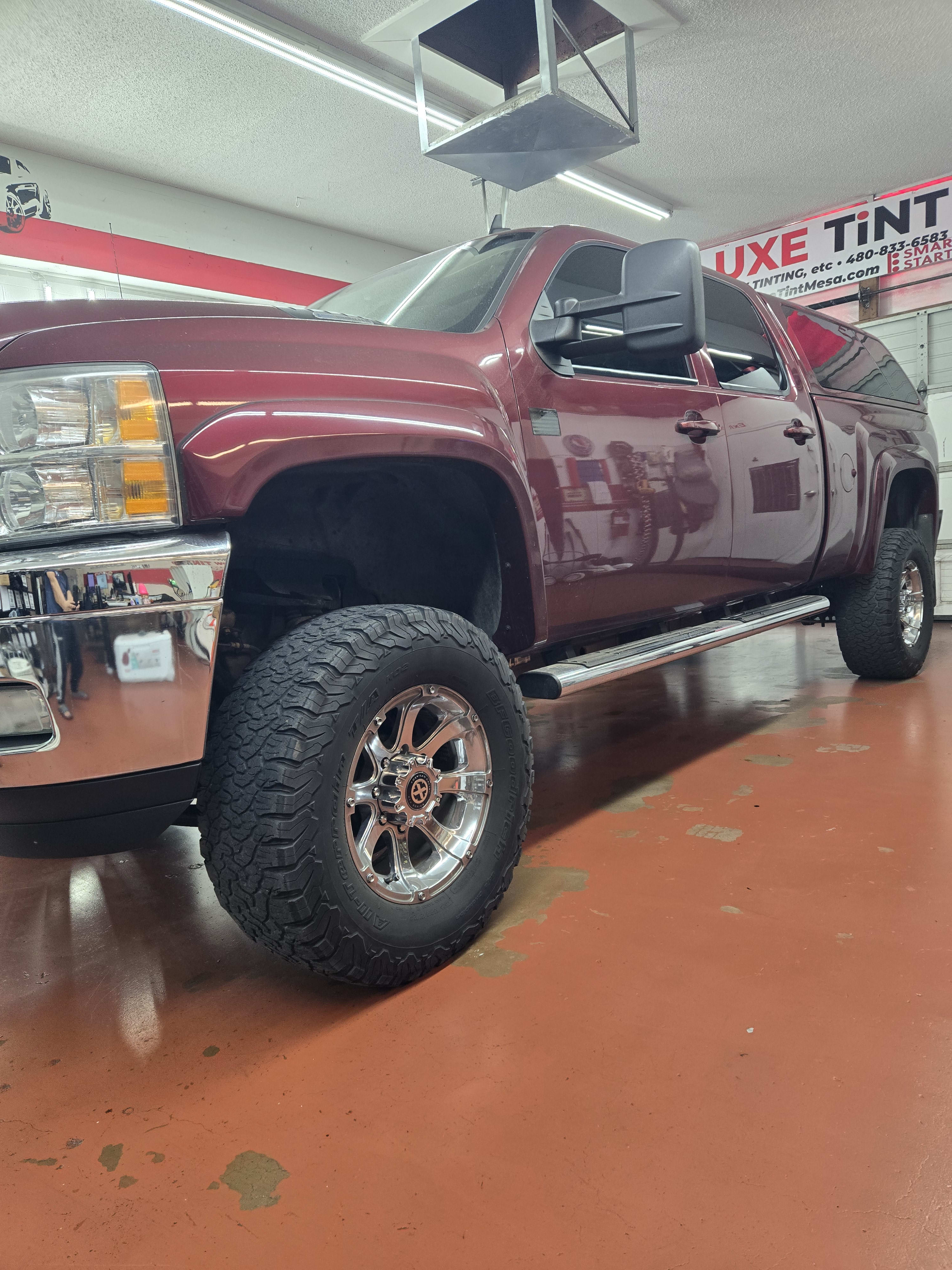 Maroon Chevy Silverado, front three-quarter